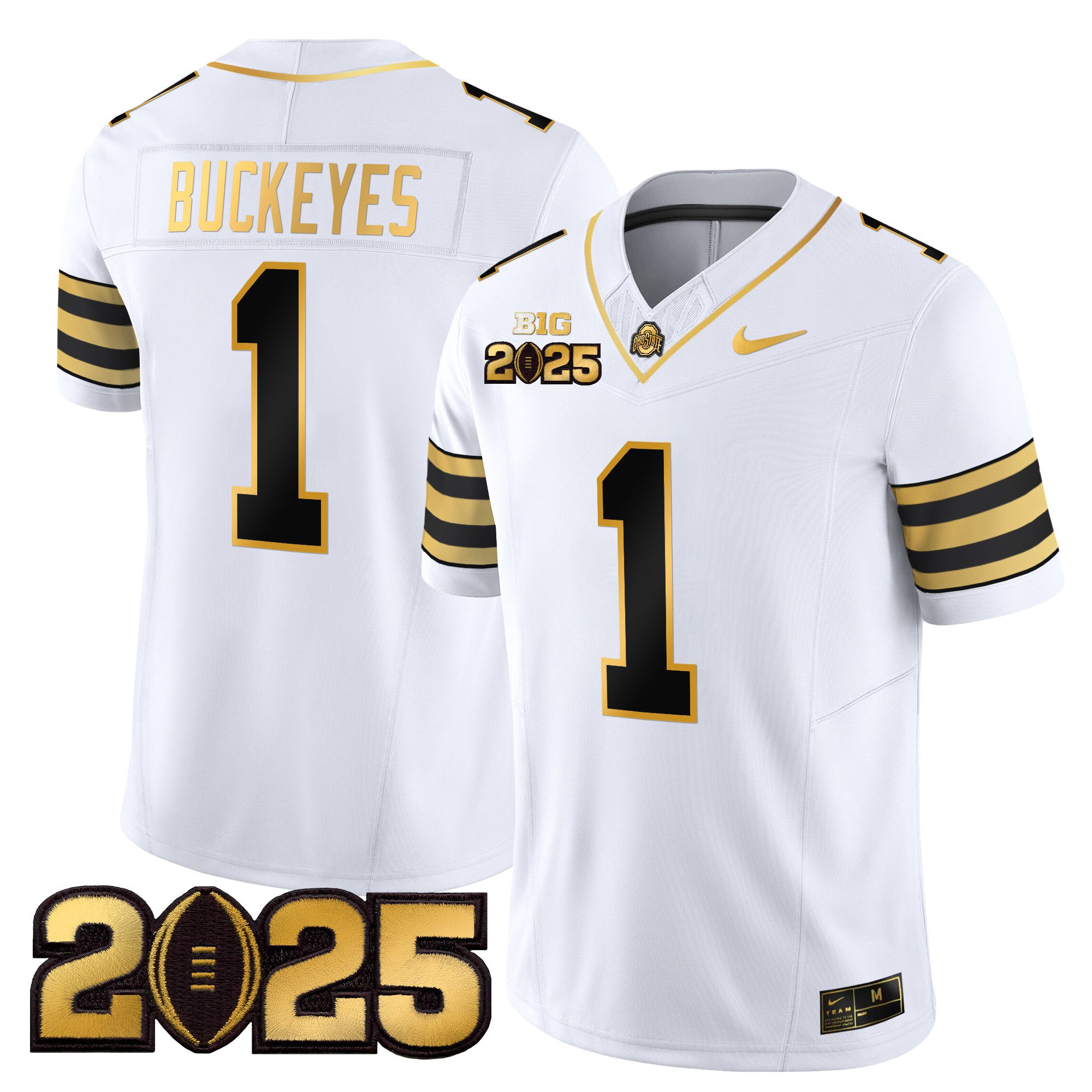 Men Ohio State Buckeyes #1 Buckeyes White 2025 CFP Final Patch Gold Vapor Limited NCAA Jersey
